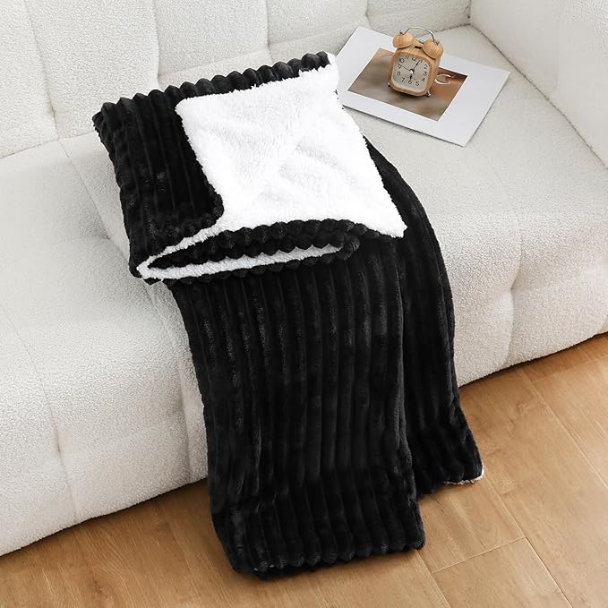 Black Sherpa Fleece Throw Blanket 50?€???60?€? for Couch Sofa Bed, Double Side Soft Fuzzy Cozy Plush Thick Flannel Blanket with Striped Design Gift for Adults,Woman,Girls