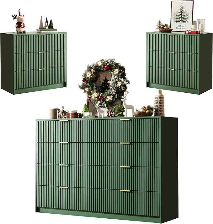 MAISONARIA 3-Piece Dresser Bedroom Set, 8 Drawer Dresser & 3 Drawer Nightstands with Gold Handles, Fluted Wood Chest of Drawers for Bedroom, Living Room, Entryway, Green