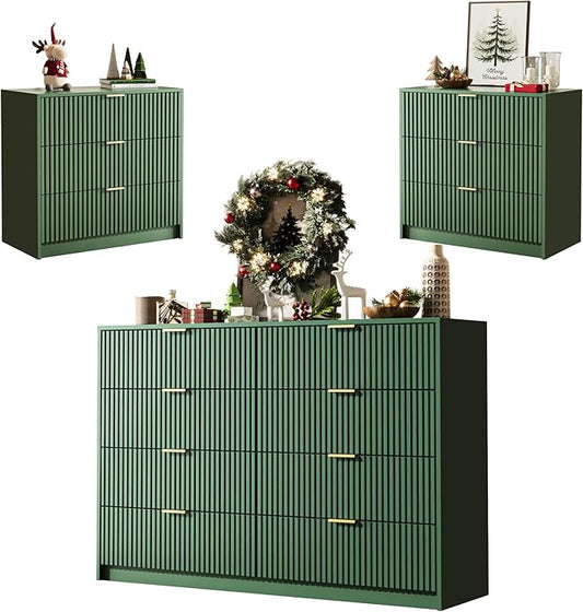 MAISONARIA 3-Piece Dresser Bedroom Set, 8 Drawer Dresser & 3 Drawer Nightstands with Gold Handles, Fluted Wood Chest of Drawers for Bedroom, Living Room, Entryway, Green