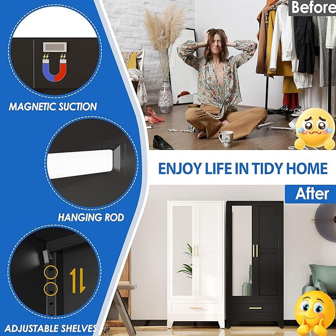 GAIOUS Steel Armoire Wardrobe Closet with Mirror Doors, 71" Household Wardrobe Cabinet with Hanging Rod and Drawer, Metal Clothing Storage Cabinet with Adjustable Shelf for Bedroom, Cloak, Gym(Black)