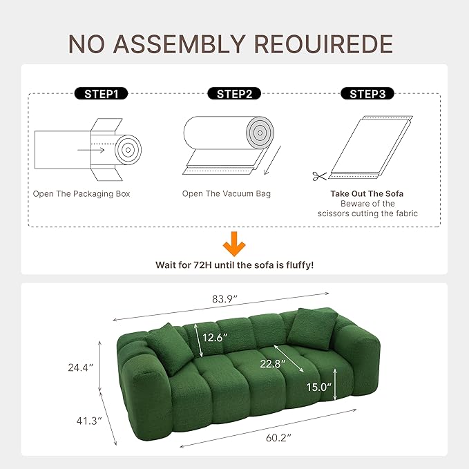 84" Boneless Couch No Assembly Required Loveseat Sofa Modern Deep Seat Cloud Couch Modern Compressed Sofa Oversized Upholstered 3-Seater for Living Room Bedroom
