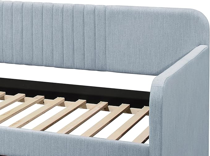 Home Design Amelia Twin Daybed with Pull-Out Trundle, Linen Upholstery, Track Arms, Rounded Backrest with Vertical Channel Tufting, Slat Support, Light Blue