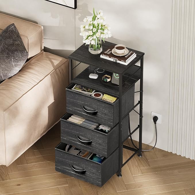 WLIVE Nightstand with Charging Station, 31.9" H Nightstand with 3 Fabric Drawers, LED Bedside Table with USB Ports and Outlets, End Table for Dorm, Bedroom, Entryway, Charcoal Black Wood Grain Print - Image 6