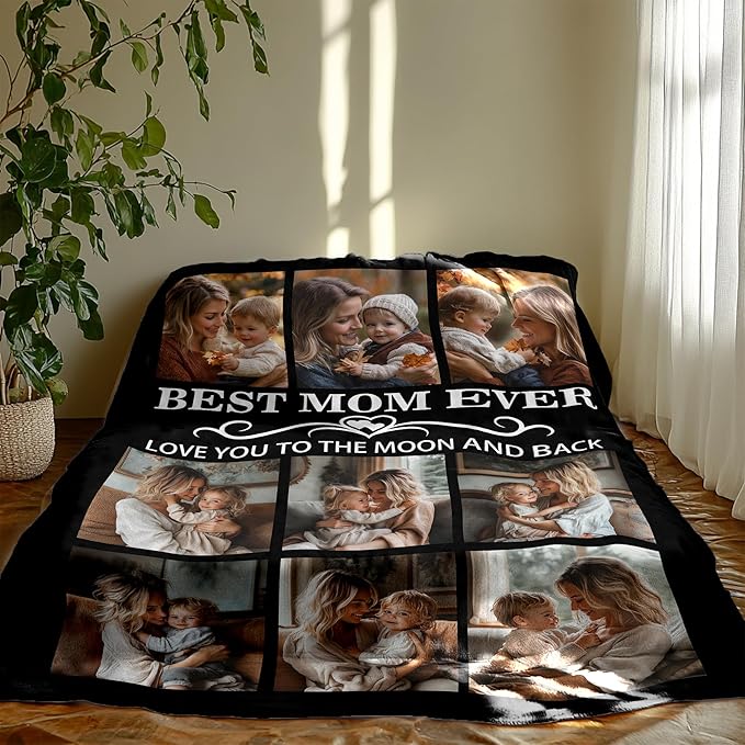 Personalized Mother's Day Blanket Gifts for Mom from Daughter Son, Best Mom Ever Custom Blanket with Pictures Text, Personalized Mother's Day Birthday Gifts for Wife from Husband