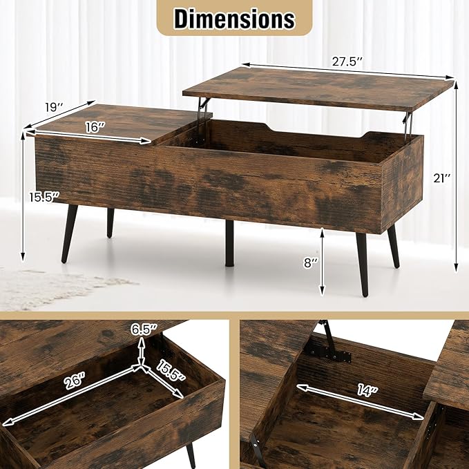 Tangkula Lift Top Coffee Table, Mid Century Modern Center Table with Split Top & 2 Hidden Compartments, Rectangle Accent Table with Tapered Metal Legs for Living Room (Rustic Brown)