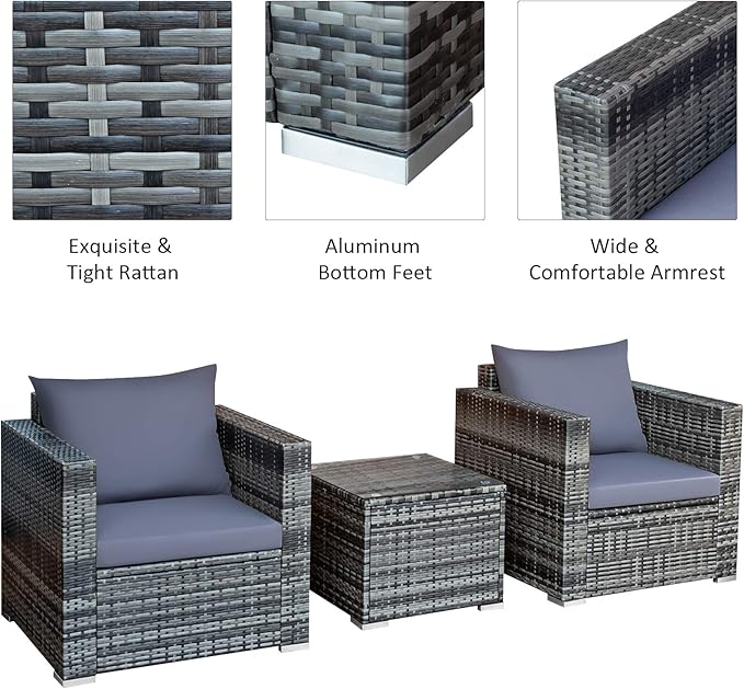 Tangkula 3 Pieces Patio Furniture Set, PE Rattan Wicker Sofa Set w/Washable Cushion and Tempered Glass Tabletop, Outdoor Conversation Furniture for Garden Poolside Balcony