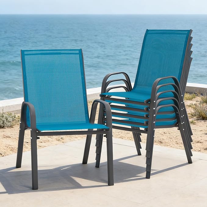 Outdoor Stackable Chairs Set of 6, Stacking Patio Chairs with Textilene Fabric, Outside Furniture for Garden Backyard Balconie Poolside Deck, Blue - Image 2