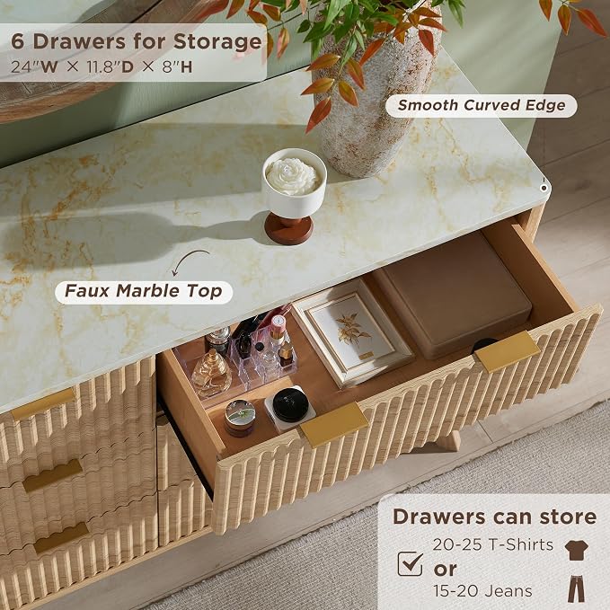 T4TREAM Fluted 6 Drawers Dresser, 54" Wide Modern Chest of Drawers with Faux Marble Top, Curved Profile Design, Dresser TV Stand, Wood Drawer Organizer for Bedroom, Living Room, Hallway, Natural Oak - Image 4