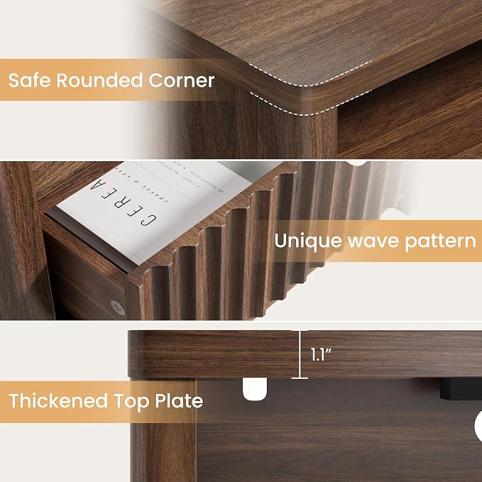 CypBed 23.8" Wide Fluted NightStand Set of 2 with Charging Station, Bedside Tables with 2 Drawers & Storage Shelf, Wood Nightstand with Rounded Corner, Modern End Table for Bedroom, Easy Assembly - Image 6