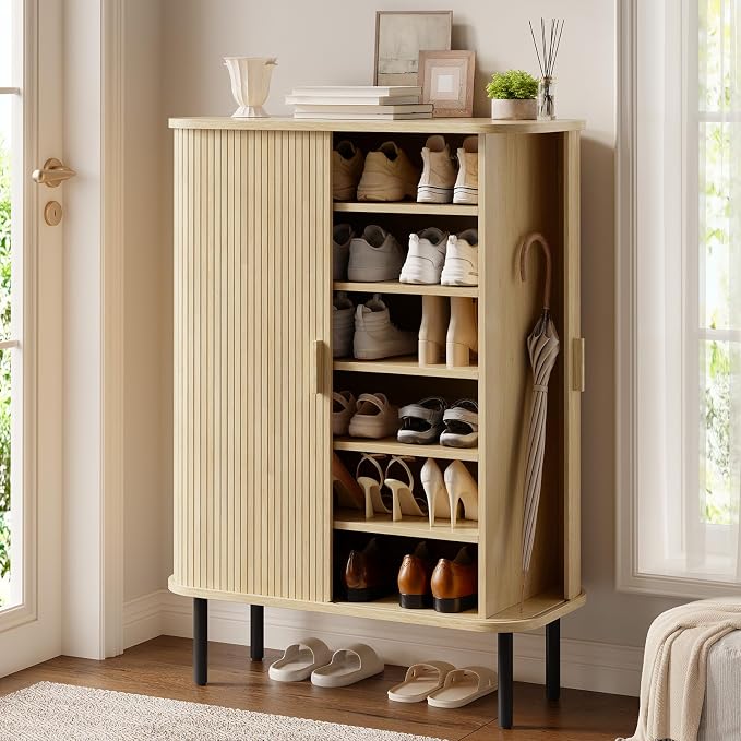 ONBRILL 6-Tier Shoe Cabinet with Sliding Door, Wooden Shoe Storage Cabinet with Adjustable Shelves, Mid-Century Modern Freestanding Shoe Storage Organizer for Entryway, Hallway, Living Room, Oak by ONBRILL
