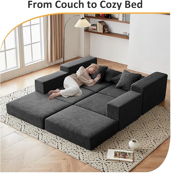 Modular Sectional Loveaeat Cloud Sofa, Boneless Couch with Non Slip Base, Cozy Sleeper Sofa for Customizable Living Spaces, Modern Modular Couch with L-Shape Chaise, Deep Seat & No Assembly, Grey