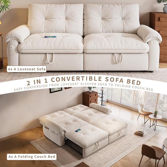 KEIKI 77" Modular Sectional Sofa with Pull-Out Bed, Convertible Sleeper Sofa Bed, 3-Seater Sleeper Sofa Couch for Living Rooms, Bedroom, Apartment, Beige