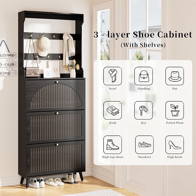 Fsbecl Shoe Cabinet for Entryway with 3 Flip Drawers & Coat Rack, Narrow Hidden Shoe Storage Cabinet with Fluted Panel, 2-in-1 Hall Tree Slim Freestanding Shoe Rack Organizer for Hallway, Black - Image 7