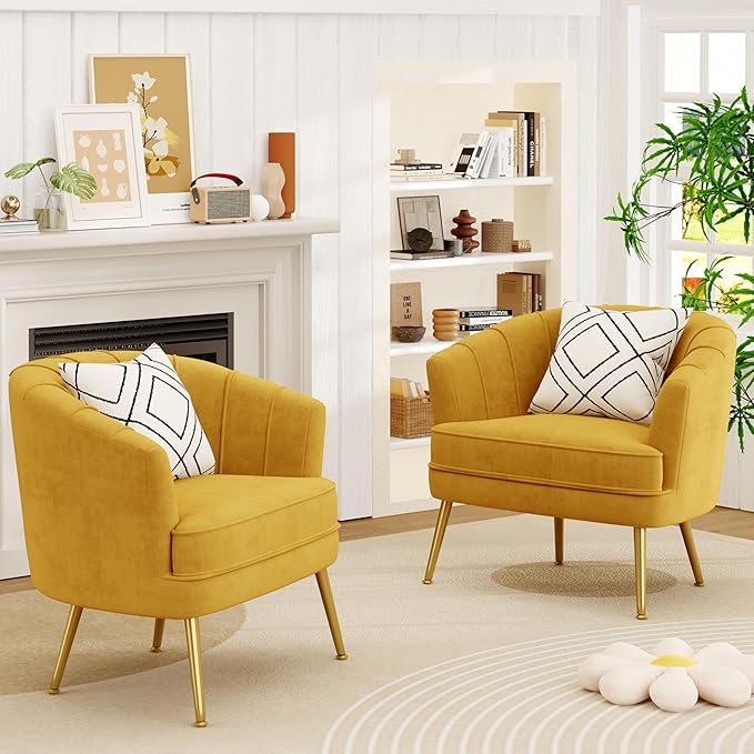 Andeworld Velvet Accent Chair Set of 2, Upholstered Modern Single Sofa Side Chair,Comfy Barrel Club Living Room Armchair with Golden Metal Legs for Bedroom Living Reading Room Office, Yellow