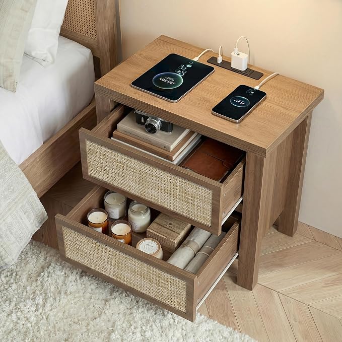 Yechen Rattan Night Stand, Nightstand with Type-C Charging Station, Boho End Tables, Bed Side Tables, 23.6" D x 15.8" W x 23.6" H, 2 Drawers Nightstands for Small Space, Walnut - Image 7