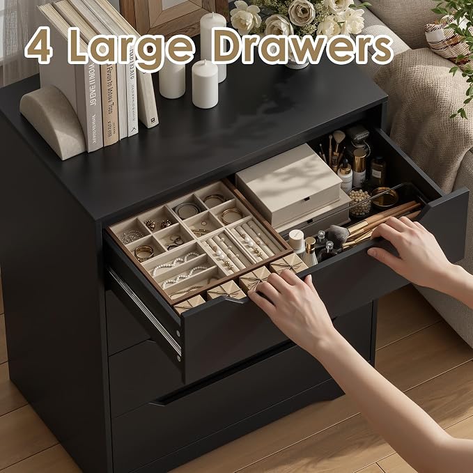 HOSTACK Black Dresser, 4 Drawers Dresser, Modern Chest of Drawers with Cut-Out Handles, Small Dressers with Drawer, Wood Makeup Chest Organizer for Living Room, Entryway, Home Office, Black - Image 9