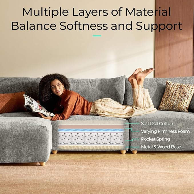 LINSY HOME Cloud Couch Sectional, Modular Sofa Sectionals for Living Room Bedroom, 91" U Shape Love Seat Couch with Ottoman, 2 Seater Deep Seat Cozy Couch Luxury Chenille Sofas, Grey