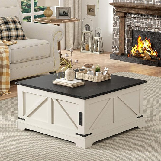 Coffee Table with Storage, Farmhouse Lift Top Wood Square Center Table with Charging Station, Rustic Cocktail Tables with Flip Top Lids for Living Room, Home Office, 35.4" W, White