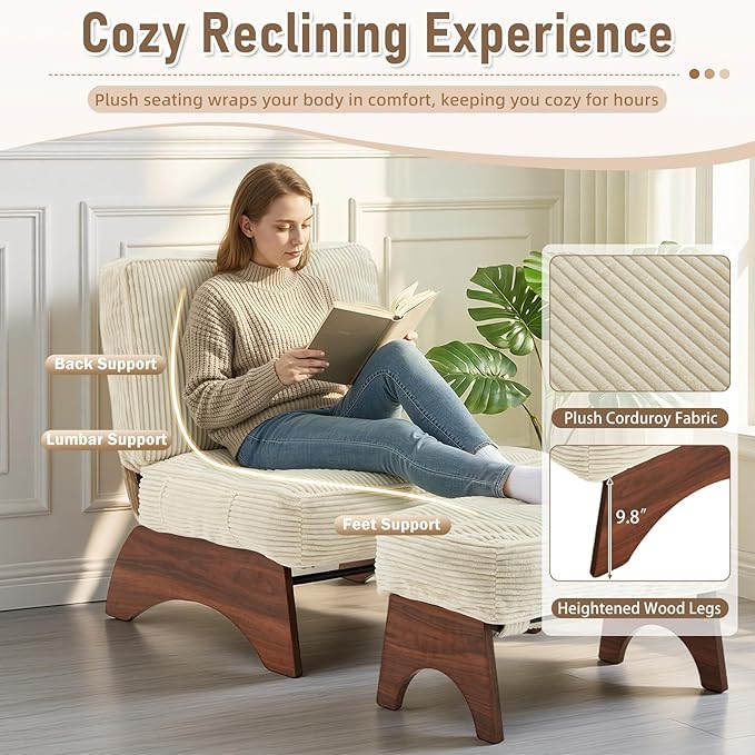 EROMMY Accent Chair with Ottoman, Modern Corduroy Living Room Chair with Adjustable Backrest & Footrest Set, Comfy Reading Chair for Living Room Bedroom Reading Room Guestroom, Cream