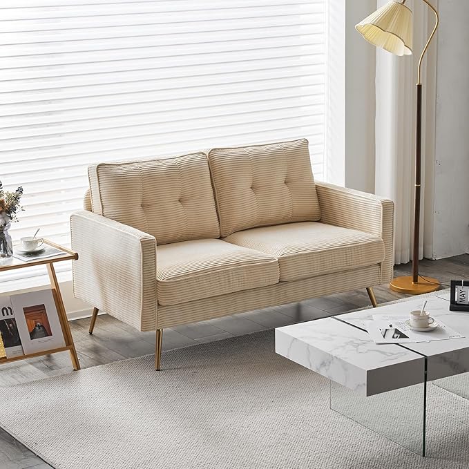 VINGLI 56" Modern Beige Loveseat,Small Corduroy Sofa Couch Deep Seat for Living Room,2-Seater Loveseat Sofa for Bedroom,Apartment,Office,Dorm,Small Space