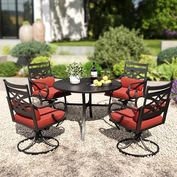 PHI VILLA 5 Pieces Outdoor Dining Set for 4, 42" Round Black Metal Table with Umbrella Hole & Wrought Iron Swivel Chairs, Large Outside Furniture with Red Cushions & Pillows for Patio, Deck, Porch by PHIVILLA