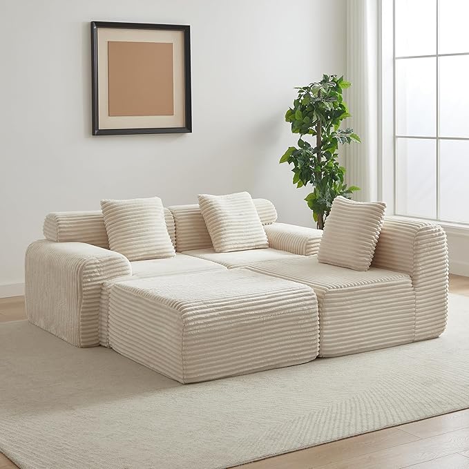 Cloud Compressed Modular Sectional Sofa, Comfy Corduroy Boneless Couch for Living Room, Modern L-Shaped Corner Couch with Reversible Ottoman, Non Slip, No Assembly & Deep Seat | Plush, Wider Armrest, Free Combination