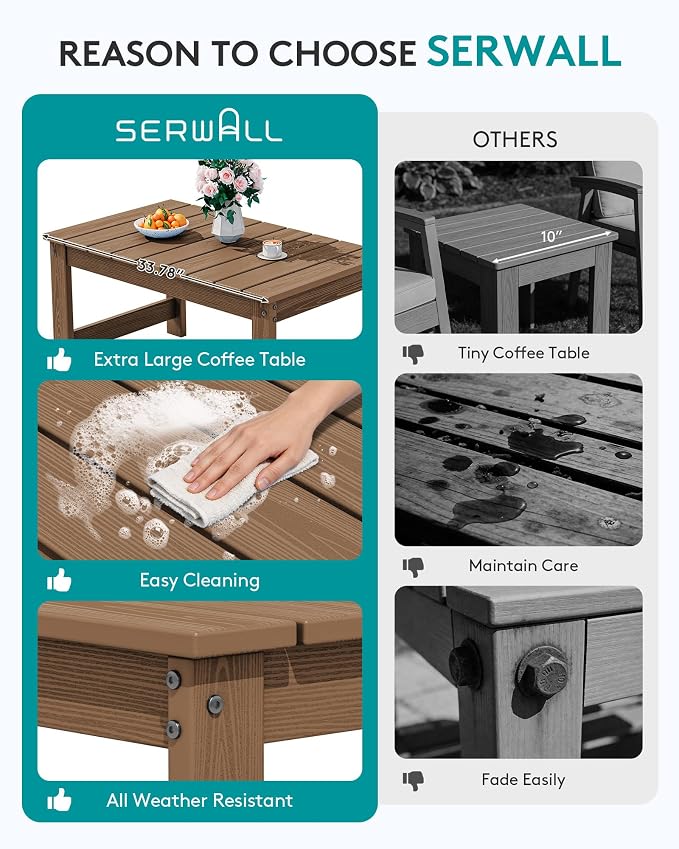 SERWALL Outdoor Coffee Table with 1.69" Umbrella Hole, HDPE Patio Coffee Table for Outside, Rectangle, Brown - Image 6