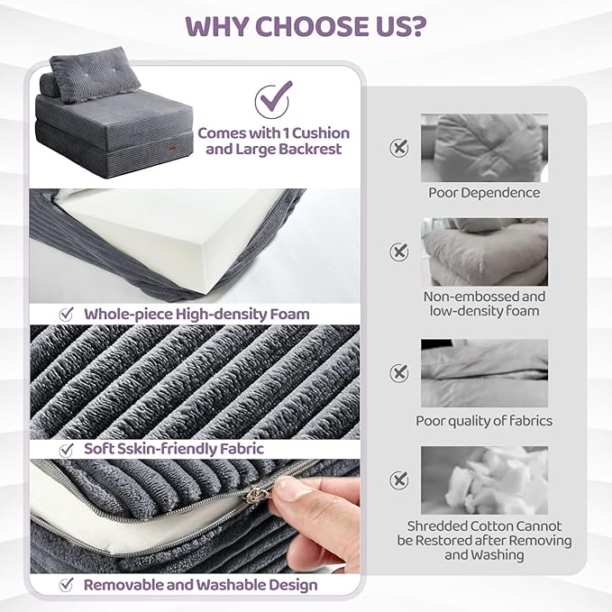 Folding Chair Bed, Convertible Sofa Bed with Pillows,Fold Out Chair Bed with High-Density Foam,Chair Bed Sleeper for Adults Perfect for Living Room 、Hotel 、Apartment ， Single, Dark Gray