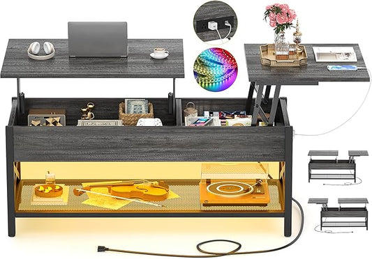 Coffee Table, Lift Top Coffee Table with Storage, LED Light & Power Outlet and Hidden Compartment, Retro Center Table for Living Room, X Support Wood Tabletop, Metal Frame, Black Oak