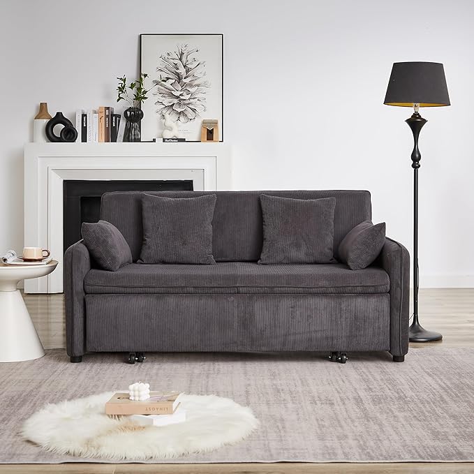 Ball & Cast 66" Convertible Sofa Bed,3-in-1 Corduroy Loveseat Sleeper Pull Out Couch Bed with Pillows and Side Pockets, Deep Seat Comfy Sofa Couches for Living Room,Apartment,Dark Grey