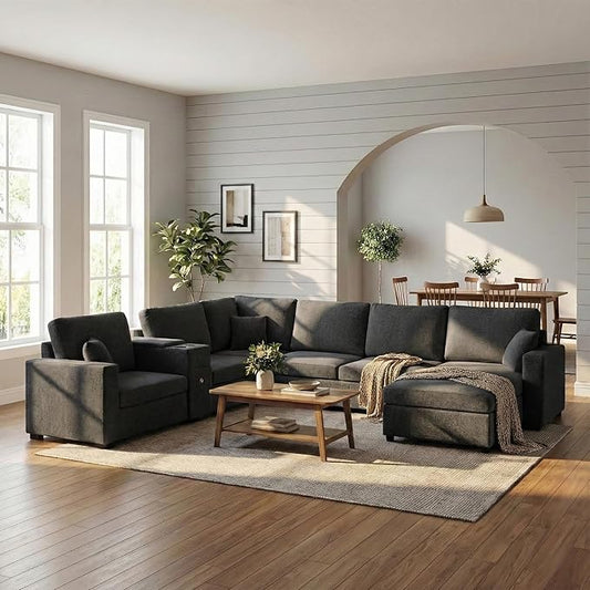 Merax Modern 134" Oversized Sectional Sofa with Piollows & Chaise Lounge, Chenille U‑Shaped Couch Set Sleeper Bed Built‑in Cup Holders, Storage Drawer for Living Room, Free Combination Black