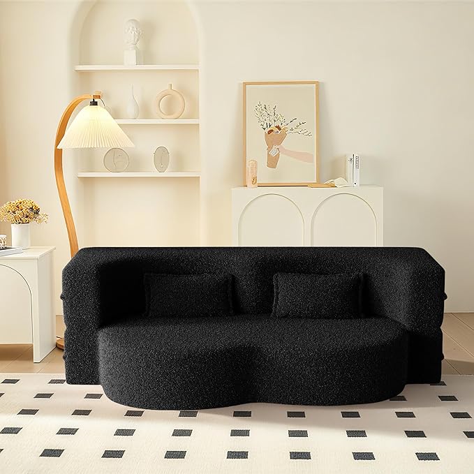 78" Convertible Sofa Bed, 2-in-1 Folding Floor Couch with 2 Pillows, Sleeper Sofa for Living Room and Bedroom, No Assembly Required (Black, Teddy Fabric)