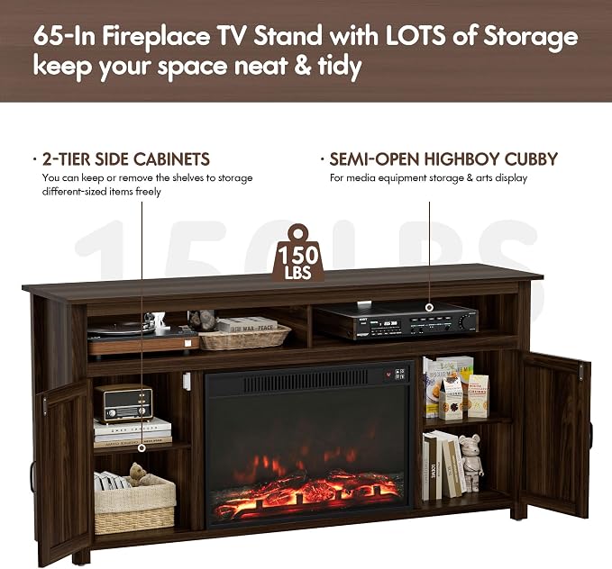 YESHOMY Fireplace TV Stand for Television up to 65+ Inch with Storage and Farmhouse Barn Doors, Entertainment Center with Cabinet and Shelves, Media Console for Living Room, Walnut - Image 3