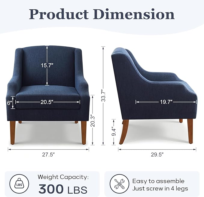Accent Chair for Living Room,No Assembly Upholstered Mid Century Modern Comfy Tufted Armchairs with Wooden Legs,Sofa Chairs for Bedroom, Reading Waiting Room Apartment Dark Blue