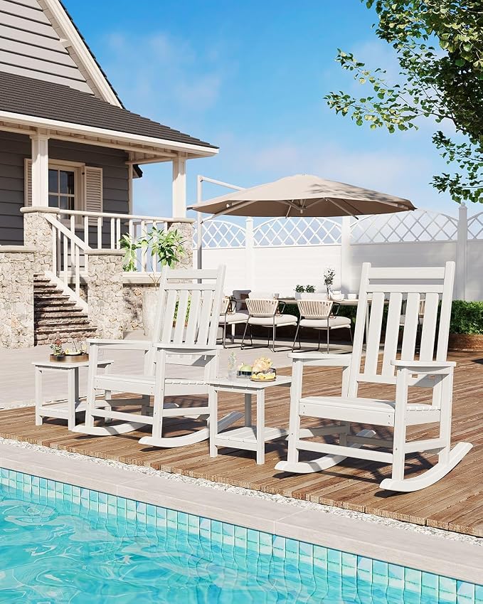 Garvee HDPE Rocking Chair Outdoor Set of 4 with 2 Side Table - Poly High Back Porch Rocker Chairs for Adults - All Weather Resistant Furniture for Patio Front Porch - White - Image 7