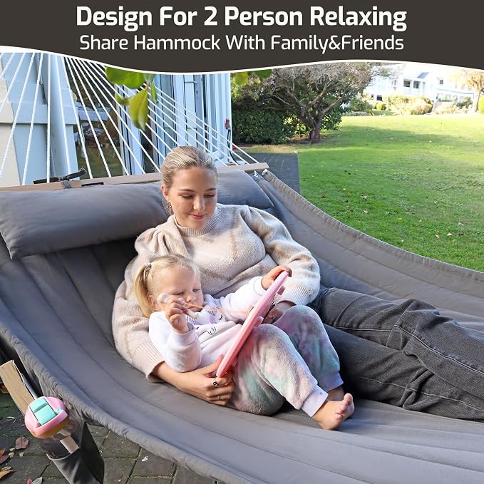 Double Quilted Fabric Hammock with Hardwood Spreader Bars and Pillow 450 LBS Capacity 2 Person Large Hammock for Outdoor Patio Backyard Poolside - Dark Blue - Image 6