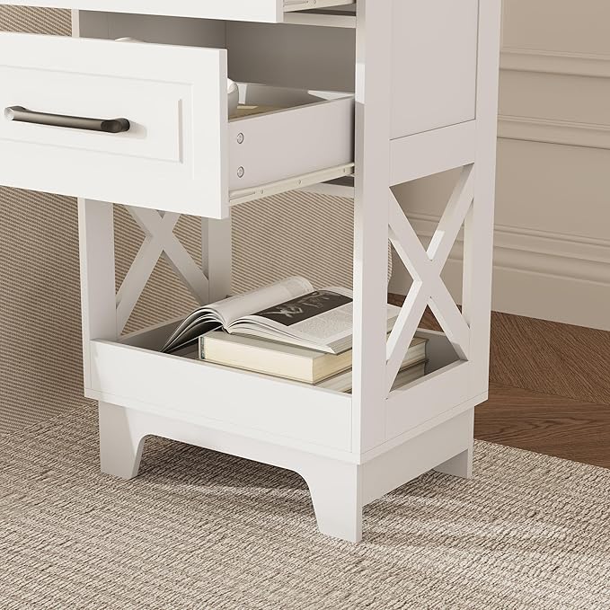 Tall Nightstand Set of 2 Side Table Modern Night Stand with 2 Drawers Wooden Rustic End Table Bedside Table with Upper Open Shelf Solid Feet for Bedroom White+Walnut - Image 6