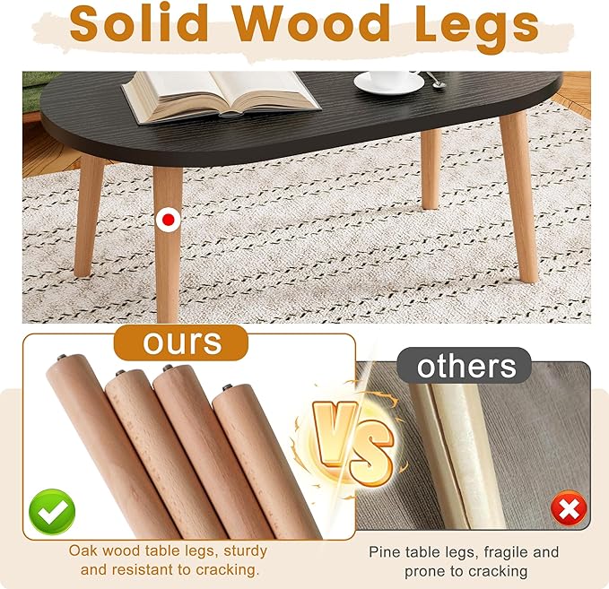 Coffee Table Low Table with 4 Solid Wood Leg, Floor Table Desk for Sitting on The Floor, Small Oval Coffee Table for Small Space, Side Table Japanese Coffee Table for Living Room Apartment Home, Black