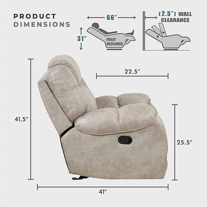 Lexicon Manual Double Reclining Sofa, Polished Microfiber Wall Hugger 3 Seater Manual Tab Pull Sofa Recliner for Living Room, Pillow Top Armrest, Padded Headrest, Easy Assembly, Pewter
