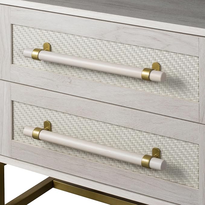 Sophia 2-Drawer Nightstand in Sand Finish with Rattan Fronts, Elegant Gold-Tone Bar Pulls, and Slim Metallic Legs- Ideal Bedroom Furniture for Boho, Transitional, and Modern Interiors - Image 4