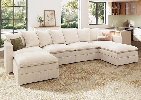 HONBAY Modular Sectional Sofa, 137 Inch U Shaped Corduroy Couch with Storage, Convertible Sectional Sofa with Deep Seat, Beige