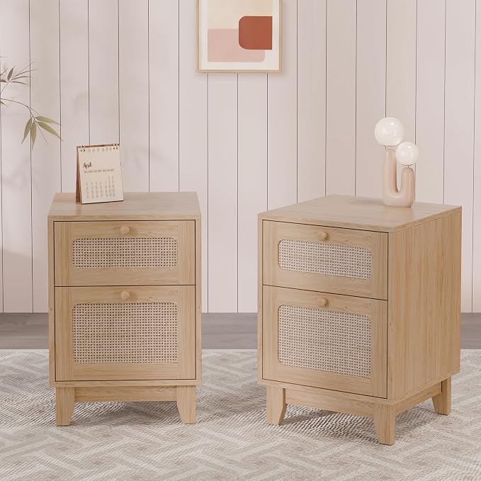 Modern Rattan Nightstand Set of 2, Wicker Rattan Stand with Drawer, Wooden Bedside Table for Small Spaces, Natural Wood Side Table for Bedroom by furniture