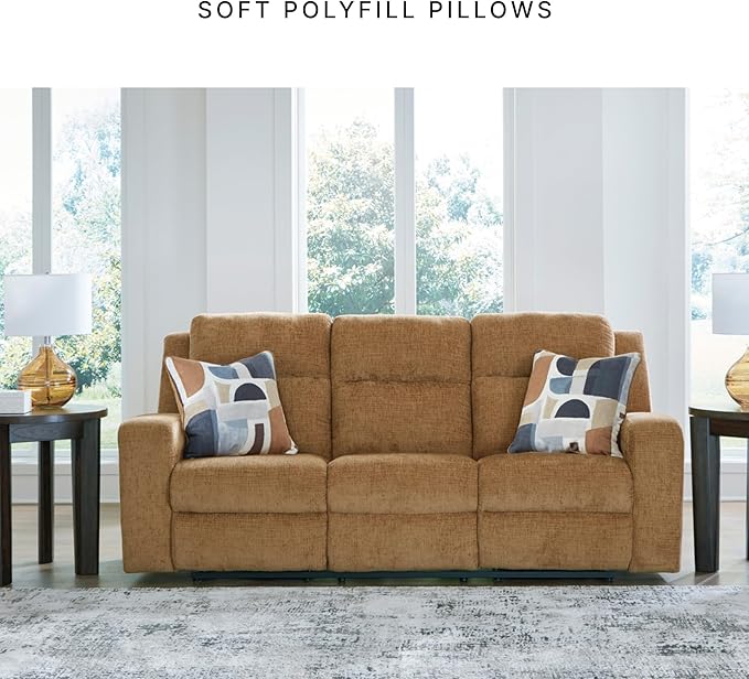 Signature Design by Ashley Kanlow Contemporary Manual Reclining Sofa with 2 Accent Pillows, Light Brown