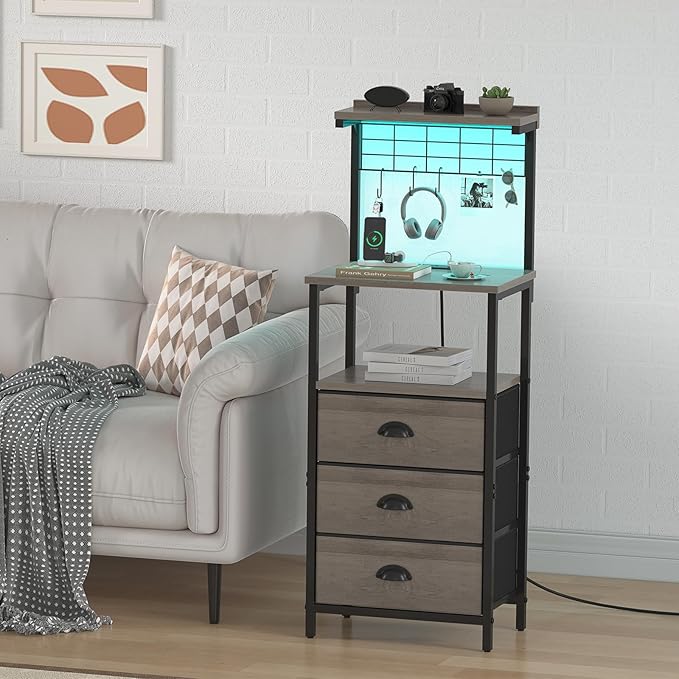 sthmec Bedside Tall Nightstands with Charging Station, LED Bedside Table for Bedroom - 3 PU Fabric Drawers, Hooks, USB/Type-C Ports & Open Bedside Shelves, Grey - Image 2