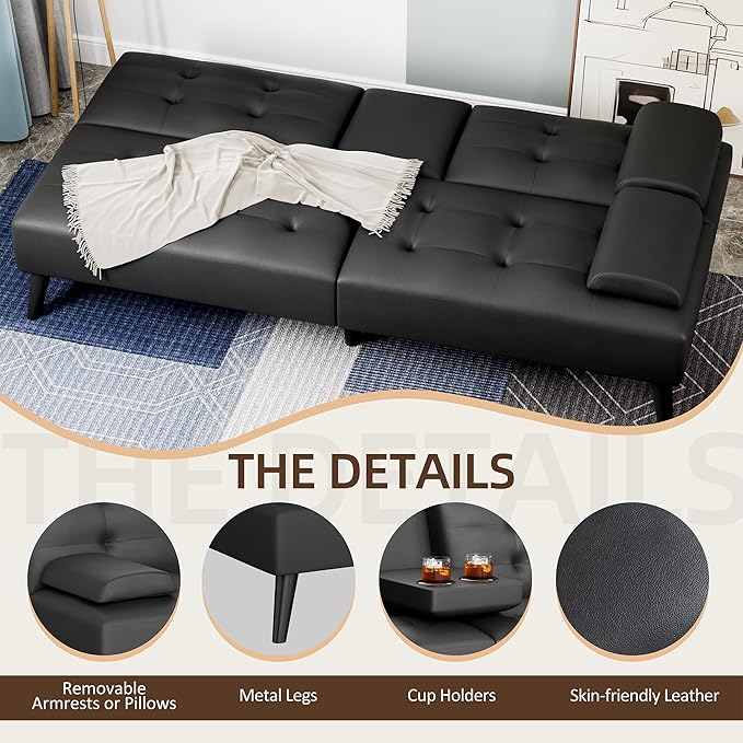 Shintenchi Futon Sofa Bed, Leather Foldable Couch, Reclining Sleeper with Removable Armrests, Upholstered Loveseat Sofa Couch with Folding Cup Holders for Home, Office(Black)