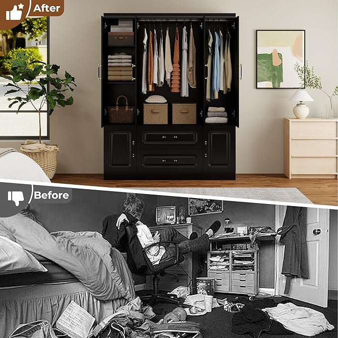 4-Door Modern Bedroom Armoire Wardrobe Closet with 2 Drawers & Hanging Rod, Smooth Black Storage Cabinet for Clothes/Shoes/Blankets 61.42" W x 20.67" D x 70.87" H (69)