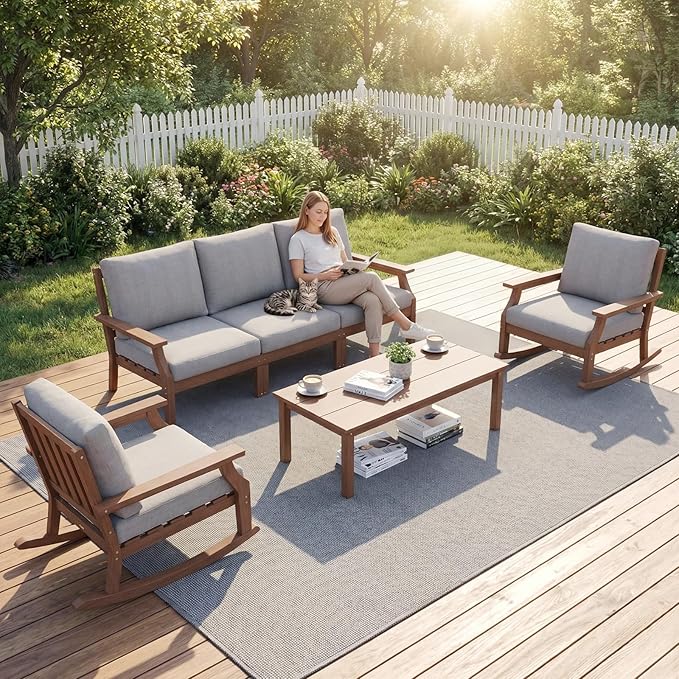 HDPE Patio Conversation Set, 6-Piece All Weather Outdoor Furniture Set with 2 Single Rocking Armchairs for Deck, Lawn, with Cushion, Brown