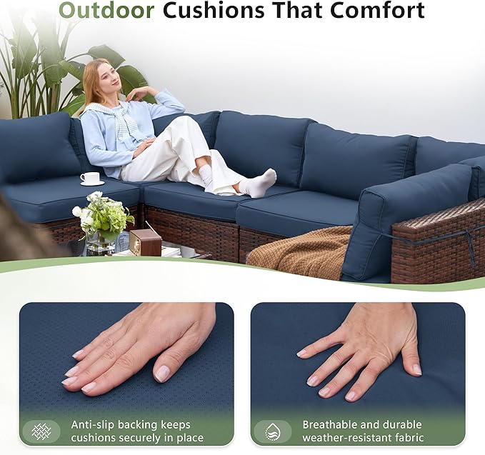 Amopatio Patio Furniture Set with Waterproof Cover, Modular Outdoor Sectional 7 Piece Wicker Patio Set, Multiple Combinations Outdoor Sofa w/Coffee Table, Navy Blue