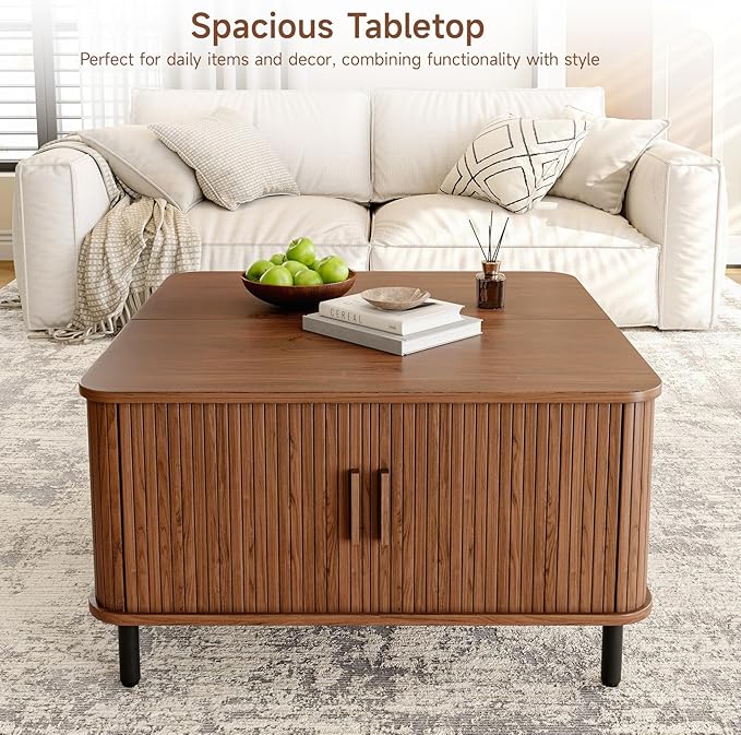 ONBRILL Lift Top Coffee Table with Large Hidden Compartment, Wood Square Coffee Table with Adjustable Footpads, Mid-Century Modern Lift Tabletop Dining Table for Living Room, Home Office, Walnut