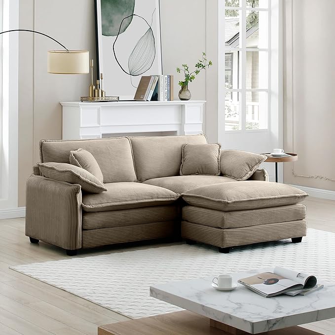 KEIKI 81" L-Shaped Oversized Corduroy Modular Sectional Loveseat Sofa with 1 Ottoman, High-Density Foam Cushions, Removable Armrests, Upholstered 2-Seater Couch with 4 Pillow, for Living Room, Tan